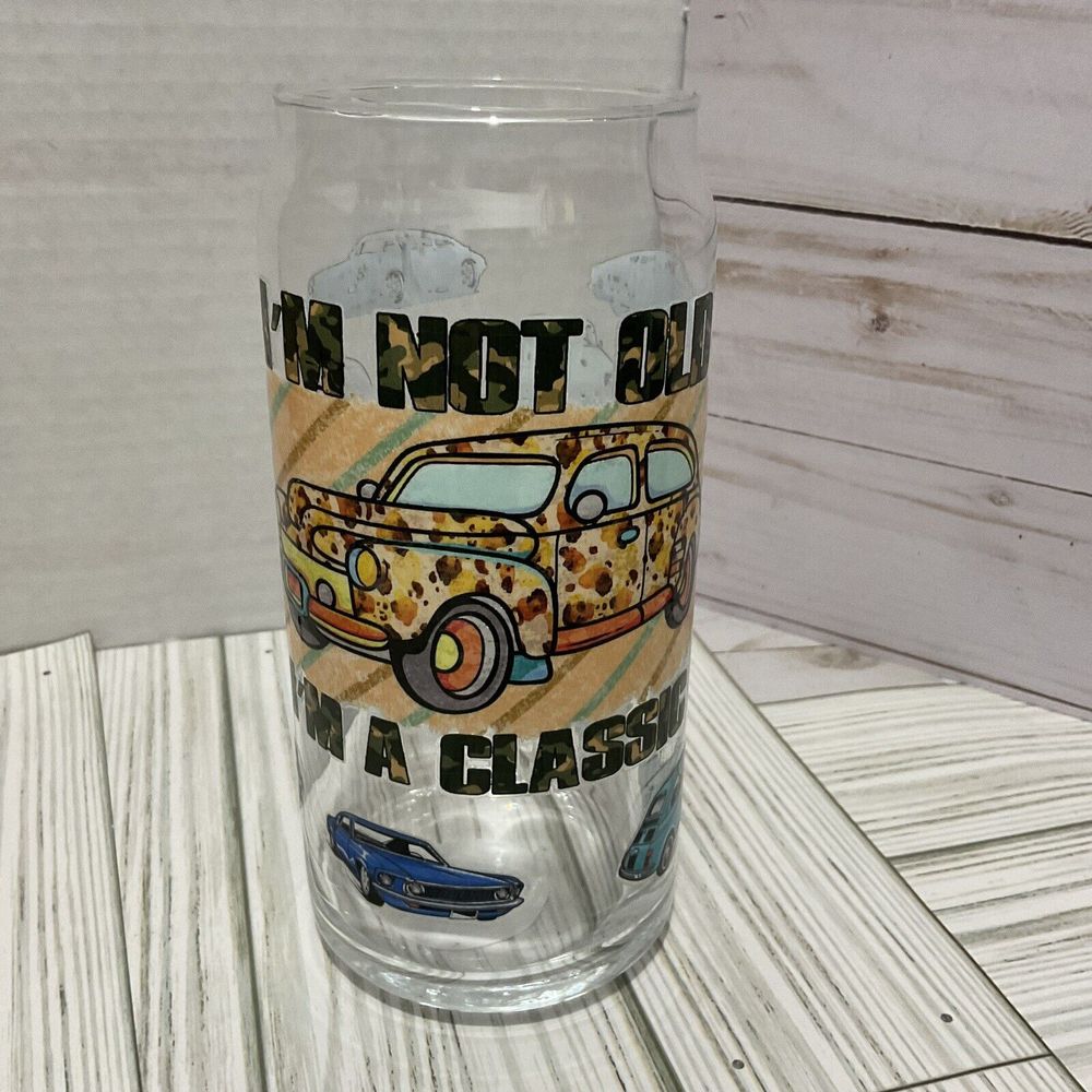 Large Beer glass Decorated 20 oz Can Shaped Beer Glass I'm not old I'm a Classic